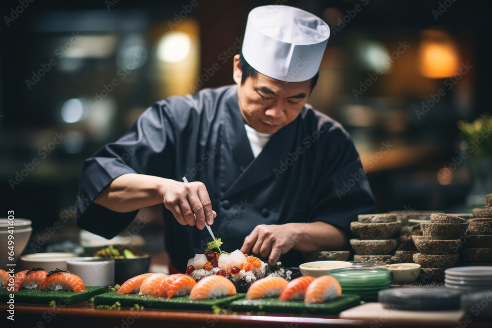 Skilled chefs preparing sushi in a Japanese restaurant, demonstrating the artistry of culinary craftsmanship. Generative Ai.