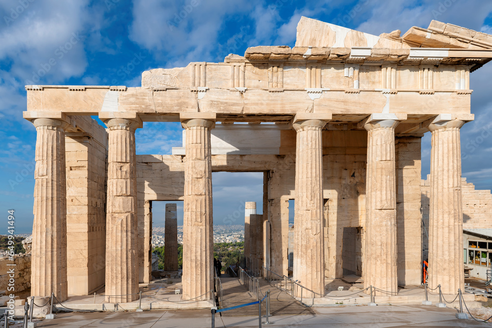 Ancient ruins of the gateway to the Acropolis, Propylaea in the Acropolis, is Athens, Greece,