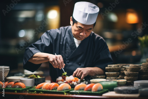 Skilled chefs preparing sushi in a Japanese restaurant  demonstrating the artistry of culinary craftsmanship. Generative Ai.