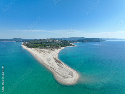 Drone (aerial) view of beautiful beach on Possidi Cape on Kassandra peninsula, Halkidiki (Chalkidiki), Greece photo