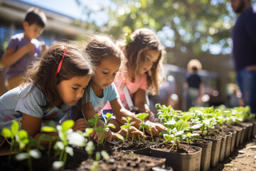 A group of children learning about climate change and sustainability in an outdoor classroom. Generative Ai.