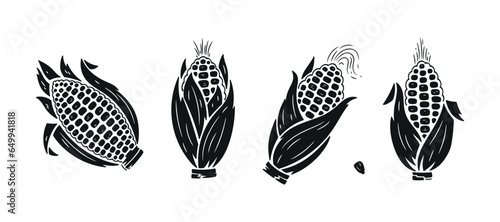 Vector Vegetable Set of Corn Cobs. Corn silhouette icons. Black and White illustration.