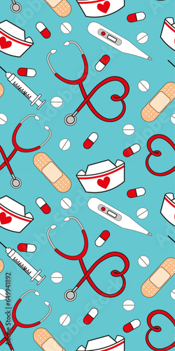 nurse doctor medical elements cartoon seamless background fabric textile