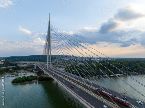 View of Ada Ciganlija from aerial drone and Most na Adi bridge over Sava River.