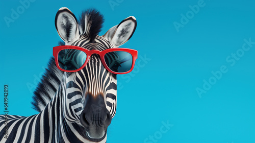 A zebra in red sunglasses on blue background. Copy space. AI Generative