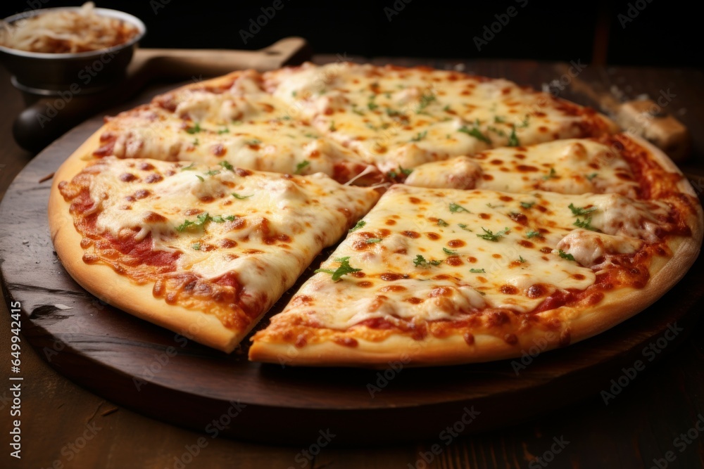 Mouthwatering Cheesy pizza on table. With fresh red tomatoes. Generate Ai Mouthwatering Cheesy pizza on table. With fresh red tomatoes. Generate Ai