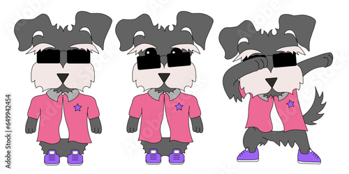Perro schnauzer con gafas, posando, ropa, dab, tenis, ilustracion