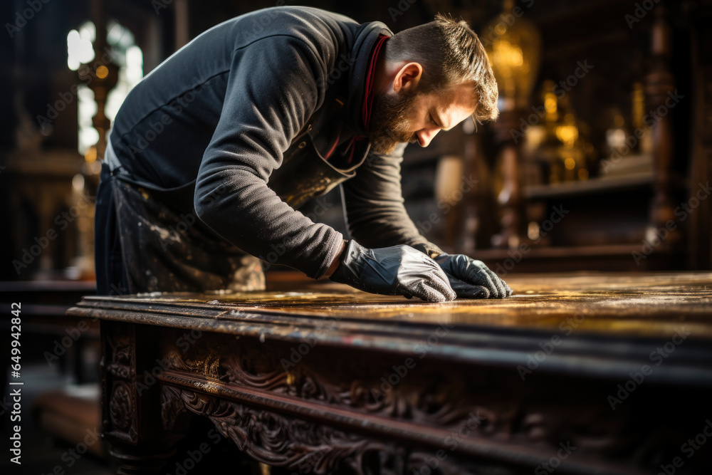 A conservator meticulously cleaning and preserving an antique piece of furniture. Generative Ai. A conservator meticulously cleaning and preserving an antique piece of furniture. Generative Ai.