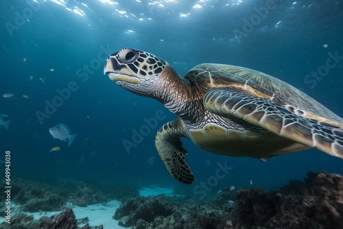 Ocean pollution with plastic bottles affecting a sea turtle's habitat. Generative AI © Ava