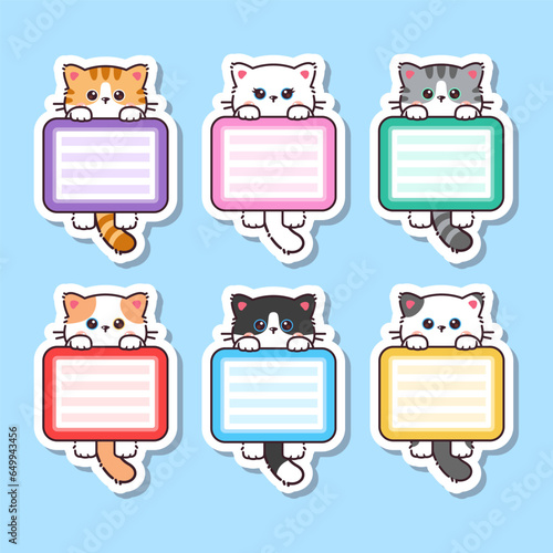 Cute kawaii cat sticker with blank label name tag cartoon vector set collection. Cute cat vector.