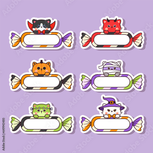 Cute kawaii Halloween cat sticker with blank label name tag cartoon vector set collection. Cute Halloween candy cat, Dracula, Witch, monster, pumpkin, mummy, devil, jack o lantern sticker.