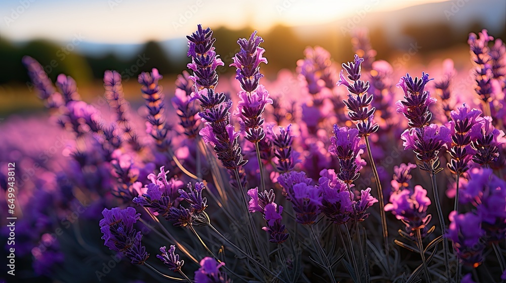 Close shot of lavenders in a lavender field at sunset