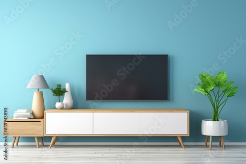 Modern living room with TV on cabinet against blue wall. Generative AI
