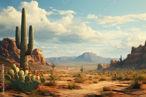 Arid Desert landscape near mountains. Nature sun. Generate Ai