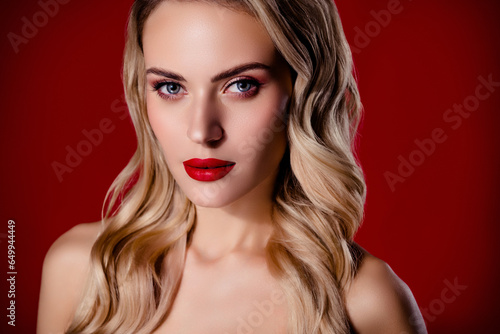Cropped close up photo of classy girl lady have luxury glamorous visage maquillage isolated on maroon background