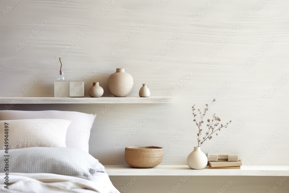 Neutral Minimal White Bedroom Interior with Ceramics and Vases with Dried Floral Arrangements and Blank Wall