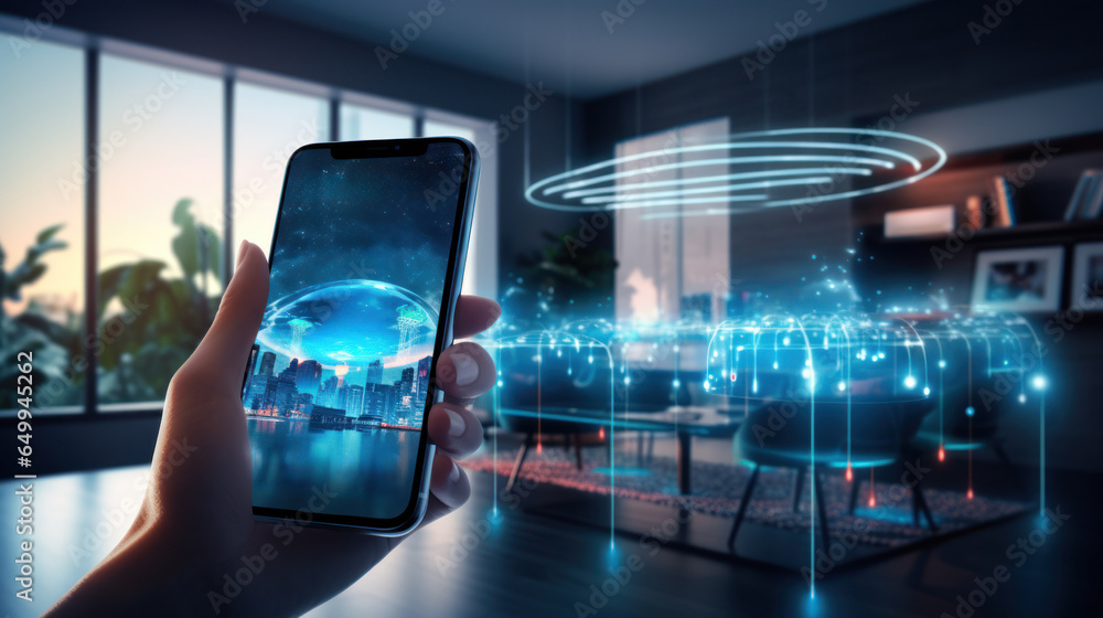 Fototapeta premium A person using a voice - activated virtual assistant, demonstrating AI's role in everyday life, with a modern smart home background, emphasizing convenience and connectivity. Generative Ai