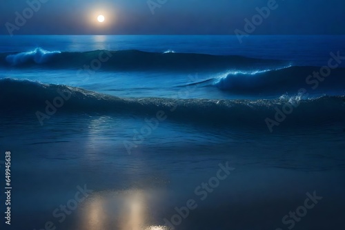 d rendering photo illustration of a deep blue moonlit ocean at night. © Ahtesham