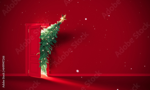 Christmas tree enters the door. Christmas is here concept on red background with copy space. 3D Rendering, 3D Illustration