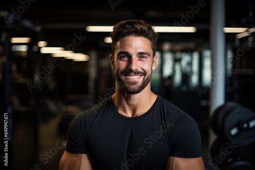 handsome sporty man sports trainer in the gym smiling