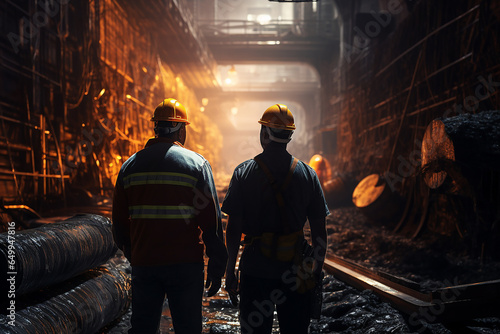 Two engineer wearing orange helmet underground construction supervisor at construction of the subway tunnel photo