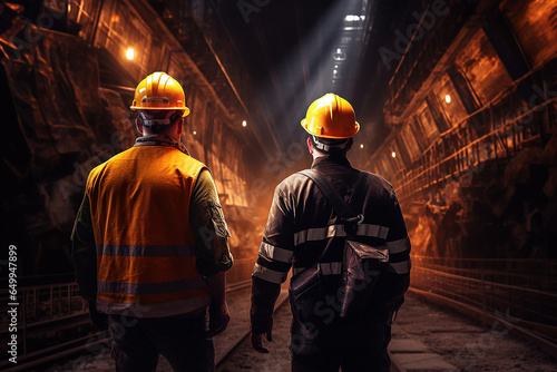 Two engineer wearing orange helmet underground construction supervisor at construction of the subway tunnel photo