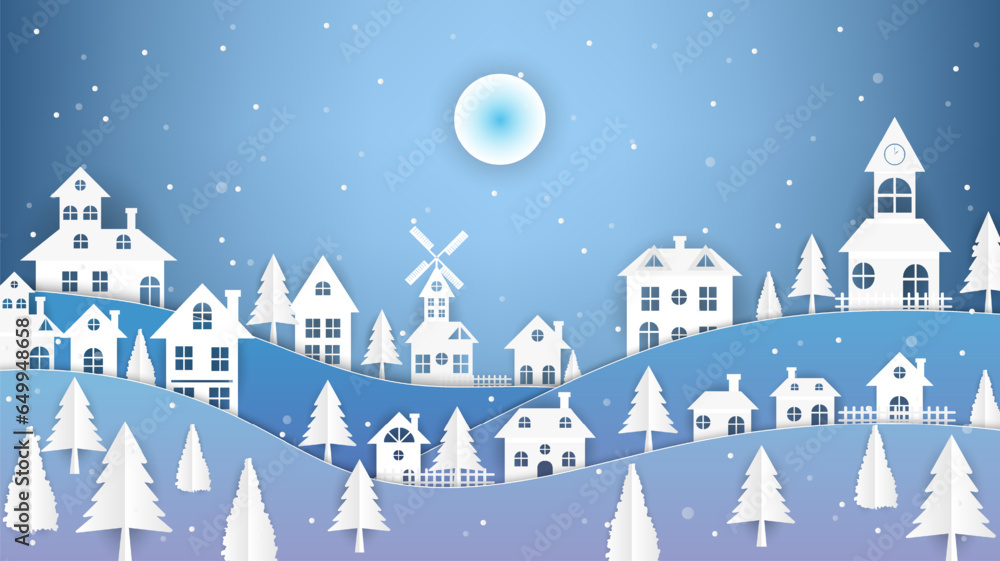 Fototapeta premium Snow village winter paper cut 