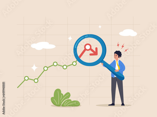 Down turn or economic recession concept. Stock market or Cryptocurrency decline, market plunge signal, inflation or interest rate falling down, businessman analyst with magnifier on arrow turn down.