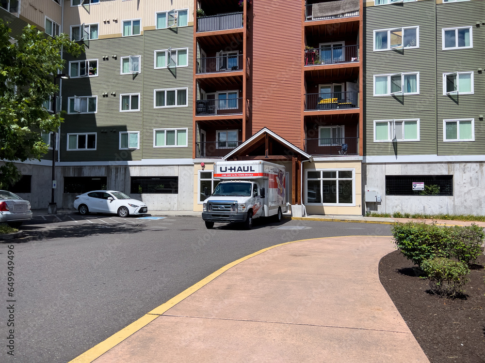 Lynnwood, WA USA circa August 2023 Wide view of a U Haul truck