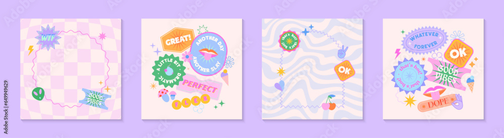 Illustrations with patches and stickers in 90s style.Modern templates in y2k aesthetic chess and wavy backgrounds.Trendy funky designs for banners,social media marketing,branding,packaging,covers