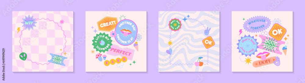 Illustrations with patches and stickers in 90s style.Modern templates in y2k aesthetic chess and wavy backgrounds.Trendy funky designs for banners,social media marketing,branding,packaging,covers Illustrations with patches and stickers in 90s style.Modern templates in y2k aesthetic chess and wavy backgrounds.Trendy funky designs for banners,social media marketing,branding,packaging,covers