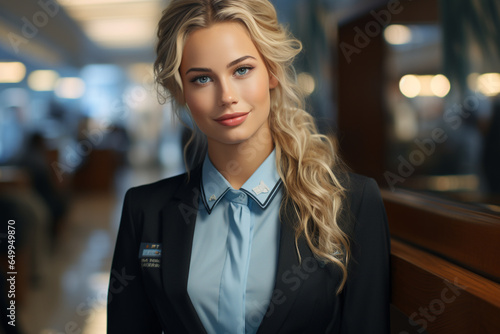 Beautiful portrait of airport worker and airplane and pilot s assistant  flight attendant  gorgeously stylish glamorous   flight stewardess .