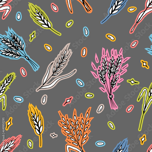 Seamless pattern with hand drawn spikelets of wheat in sketch. Grain ears. Rye, barley, wheat