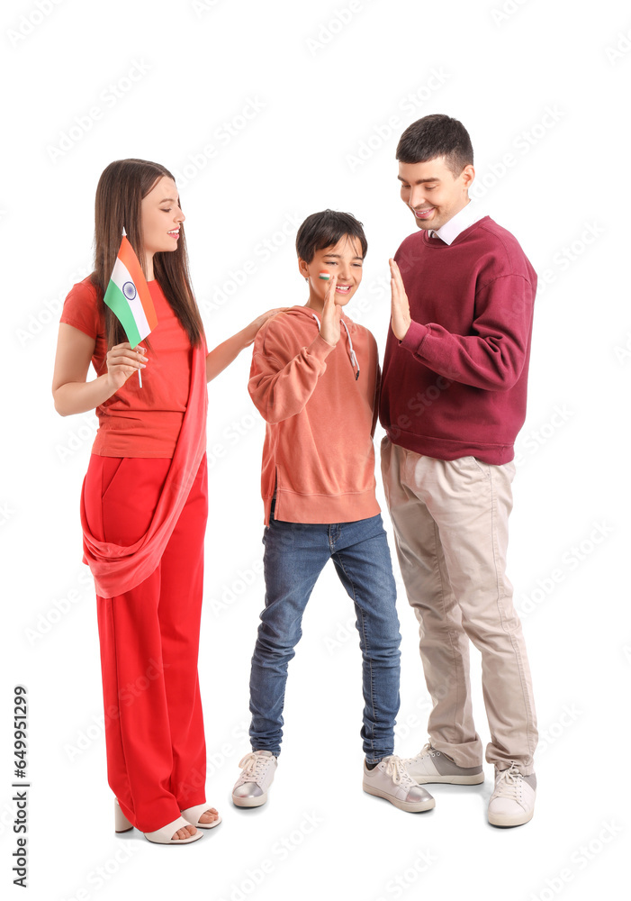 Happy family with Indian flag on white background Happy family with Indian flag on white background