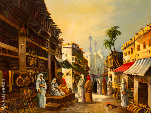 Fototapeta Naklejka Na Ścianę i Meble -  Vintage oil painting depicting an ancient Middle Eastern marketplace, possibly set in Cairo, Egypt, with stalls and an array of merchandise evoking the spirit, and nostalgic essence of days gone by.