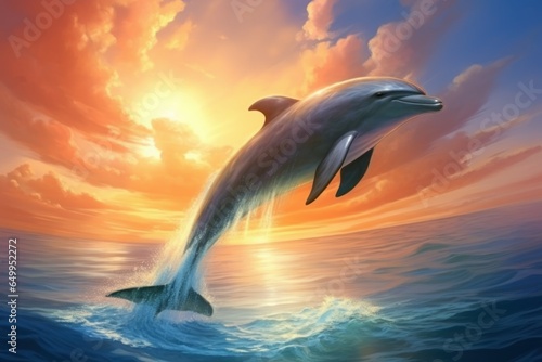 Tranquil Dolphin sky sea. Animal jump couple. Generate Ai