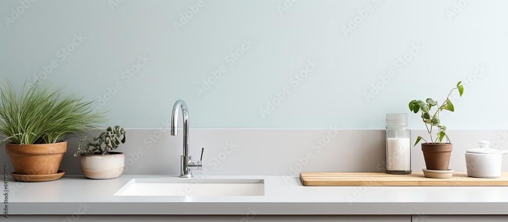 Bright kitchen with counters pots and sink Bright kitchen with counters pots and sink