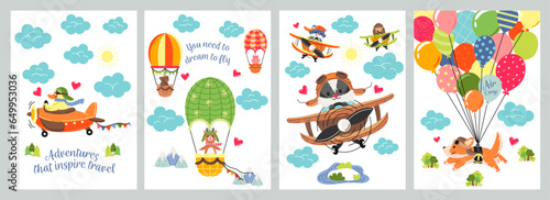 Animal pilots posters set. Cute funny dogs and foxes in helmets fly or travel on planes and balloons. Colorful wallpaper with airplanes and characters. Cartoon flat vector isolated on white background