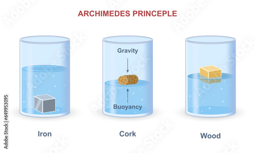 Archimedes principle experiment. Scheme with density and buoyancy of materials. Weight of iron, wood and cork in displaced fluid. Buoyancy force and gravity concept. Cartoon flat vector illustration