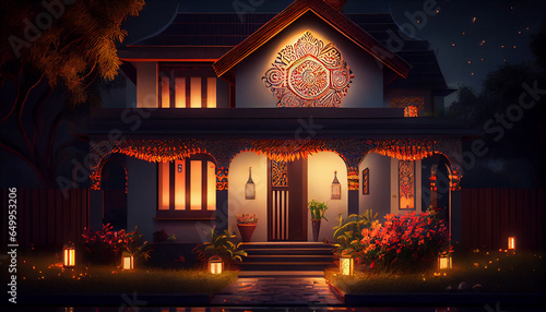 Beautiful modern house decorated with diwali diya, night concept, Ai generated image