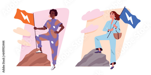Confident person achieves dreams set. Strong happy women take steps to self love, implements and realizes plans. Development and personal growth. Cartoon flat vector isolated on white background