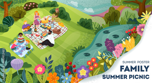 Summer family picnic poster. Landscape with natural park and pond, characters and food, flowers and plants. Parents and kids eat outdoors together. Leisure and rest. Cartoon flat vector illustration
