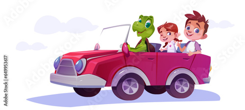 Car rides with kids. Smiling friendly turtle character with children boy and girl on red transport. Travel and adventure concept. Cartoon flat vector illustration isolated on white background