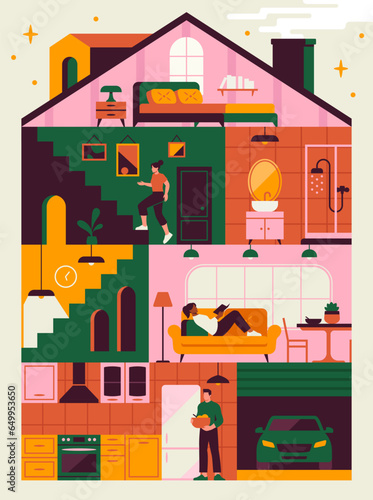 People at home poster. Banner with rooms and garage, furniture and characters. Man and woman in house from inside with bathroom and kitchen, living room and bedroom. Cartoon flat vector illustration