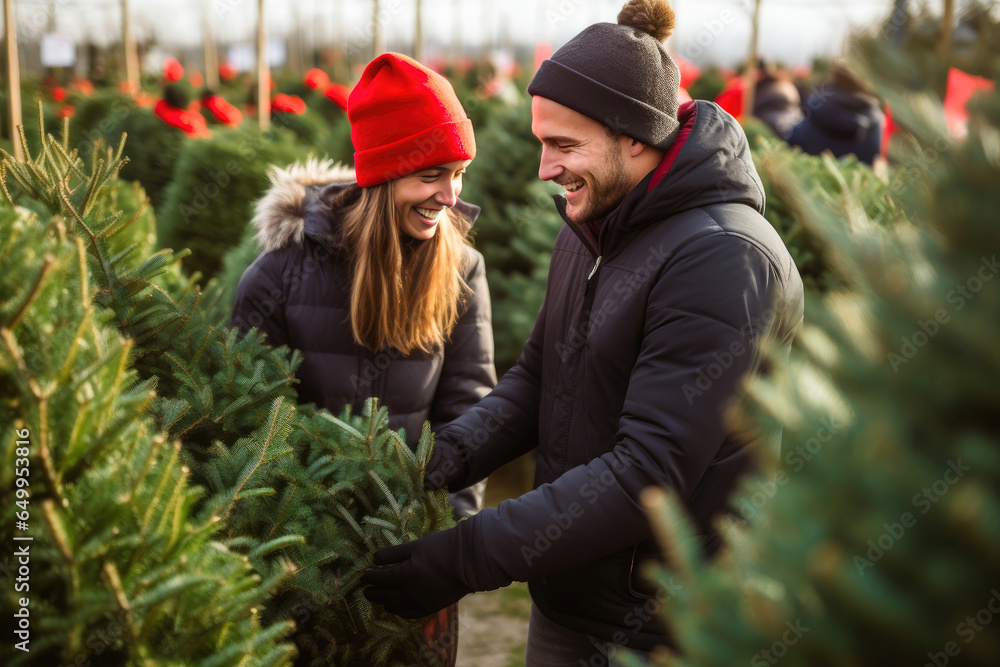 Joyful Young Couple Selecting a Christmas Tree