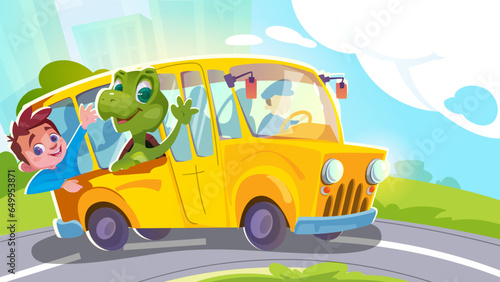 Yellow school bus. Floral poster with kids and schoolchildren, road and transport. Characters with turtle rolling in car. Education, study and learning concept. Cartoon flat vector illustration
