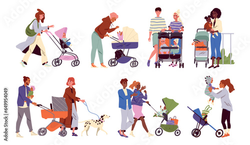Parents and babies on walk set. Happy family with little kids in pushchairs spend time outdoor. Parenthood, children and newborn concept. Cartoon flat vector collection isolated on white background