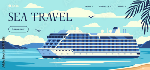 Poster with sea travel and cruise liner. Colorful homepage or website page with seascape and ship for tourist agency. Vacation, adventure and journey concept. Cartoon flat vector illustration