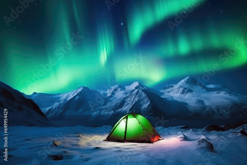 Snowy Mountain Retreat: Tent Glowing under Northern Lights © Andrii 