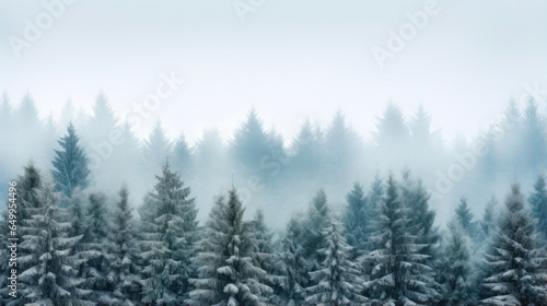 Snow-Covered Pine Trees in a Foggy Woodland
